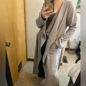 Faux Suede Tie Waist Open Front Maxi Duster Coccoon Coat